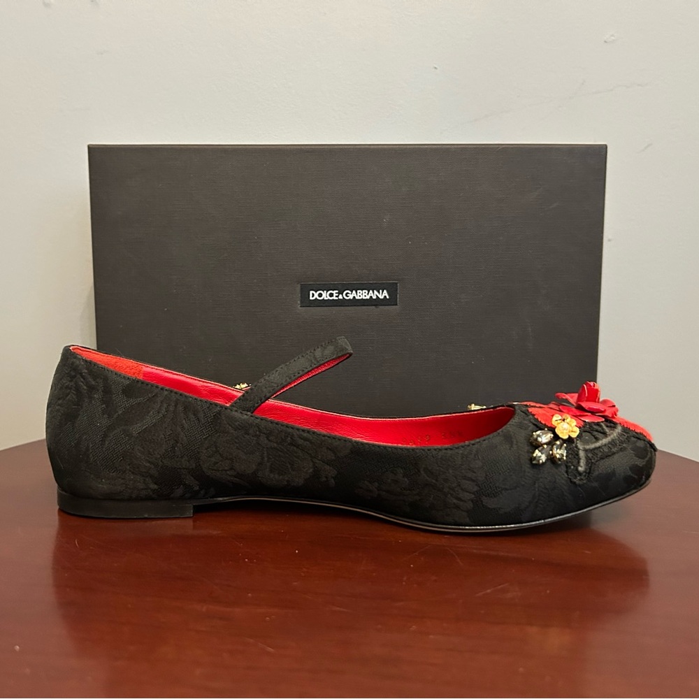 Dolce & Gabbana Black Brocade Embellished Mary Jane Ballerina Flats, size EU38.5 - Picture 6 of 16